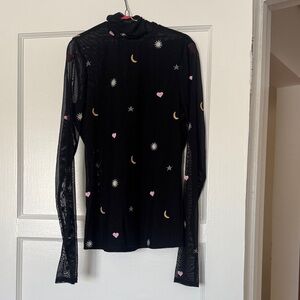 Cinq A Sept Black Sheer Long Sleeve Top with Celestial Embroidery